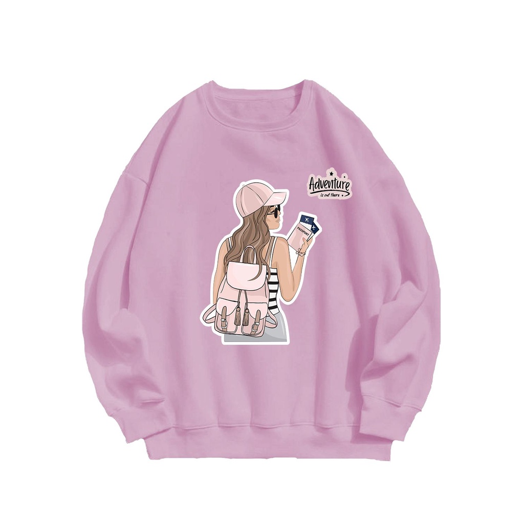 Sweater wanita Adventure Girl crewneck fleece oblong  sablon basic  oversize  tangan  panjang