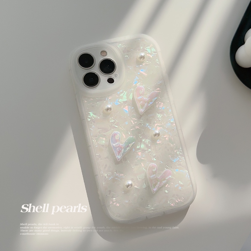 IPHONE 3d Pearlescent Kerang Cinta Hati Dengan Manik-Manik Mutiara Shell Pola Perlindungan Penuh Ponsel Soft Case Cover Untuk Iphone7 8 PLUS X XR XS 11 12 13 14 MINI PRO MAX Se2020