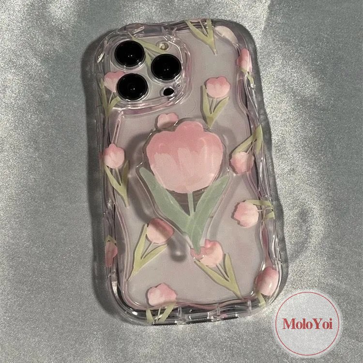 3d Wavy Curved Edge Fresh Flowers Tulip Case Kompatibel Untuk iPhone XR XS X Max11 12 14 13 Pro Max7 6 6s 8 Plus SE 2020 Stand Phone Bunga Dengan Braket Bunga Soft Cover