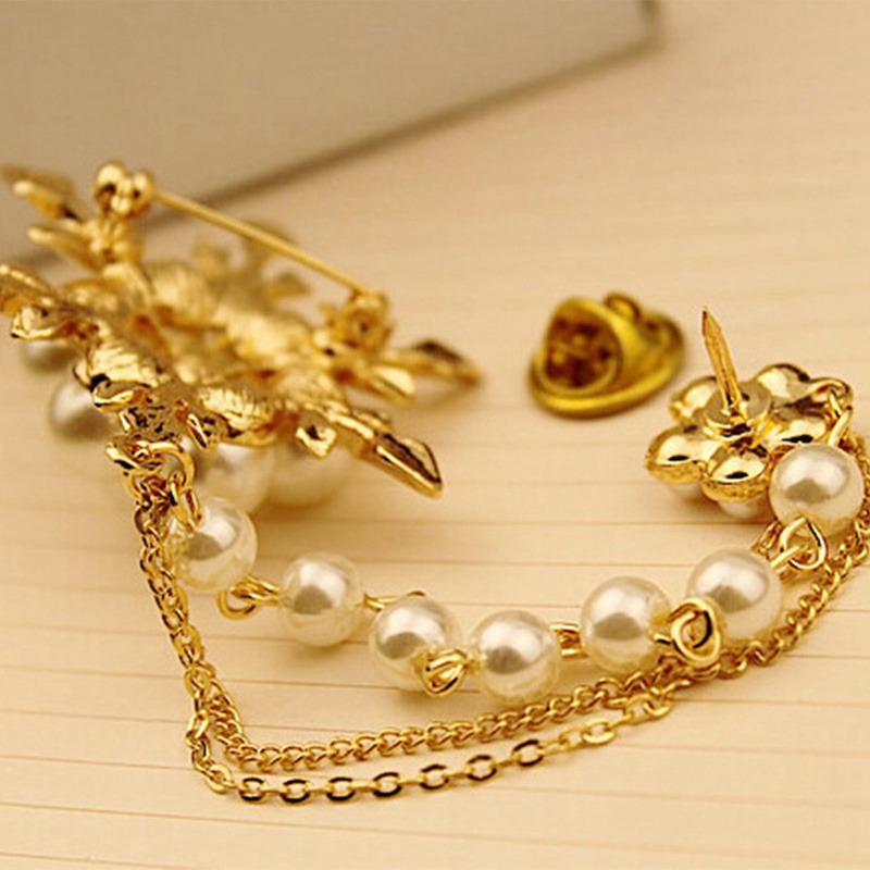 Bros Rumbai Rantai Snowflake Mutiara Elegan Bros Fashion Untuk Wanita Chain Pin Jewelry