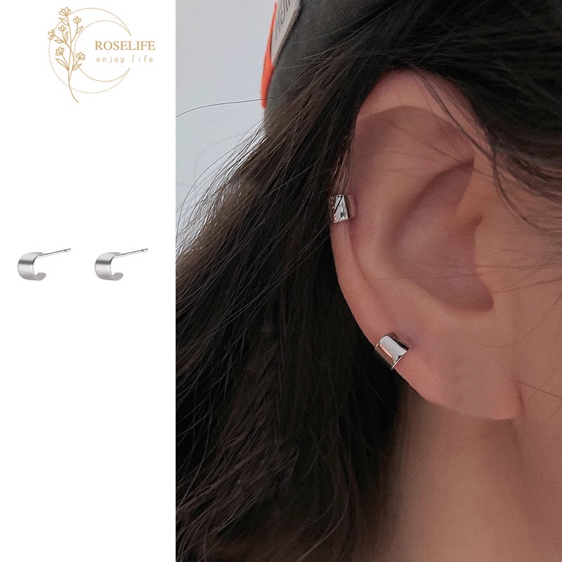 Roselife Keren Fashion S925 Perak C Bentuk Paillette Stud Anting Untuk Wanita Gadis Ins Trendi Geometris Cuff Earring Fashion Telinga Perhiasan Aksesoris