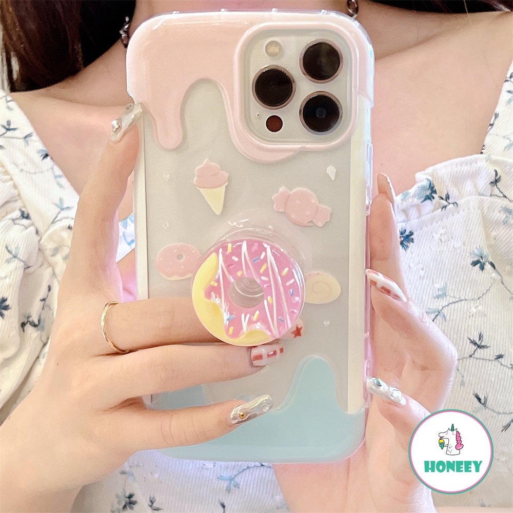 IPHONE Lucu 3D Donat Holder Stand Melted Ice Cream Soft Phone Case Untuk Iphone14 13 12 Pro Max11 Lovely Shockproof Back Cover