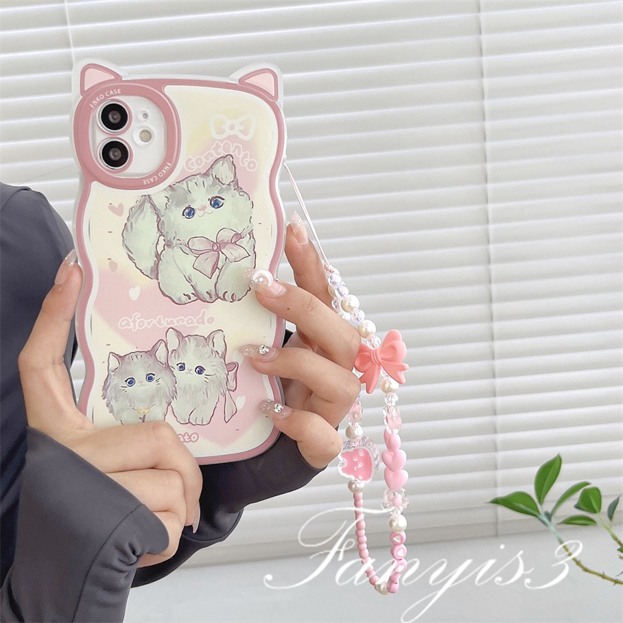 Compatible For iPhone 14 13 12 11 Pro Max X XR Xs Max 8 7 6 6s Plus SE 2020 Kompatibel Untuk Cute Pink Telinga Kucing Phone Case Clear Soft Cover Pelindung Dengan Rantai