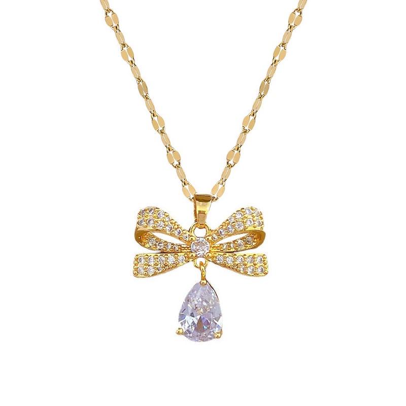 Xiaoboacc Baja Titanium Wanita Fashion Berlian Ikatan Simpul Liontin Micro Inlay Berlian Tetesan Air Klavikula Rantai Kalung