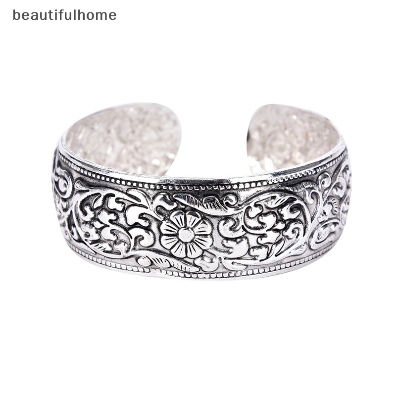 {beautifulhome} Baru Tibet Perak Totem Bangle Diukir Bunga Keberuntungan Bangle Cuff Bracelet.