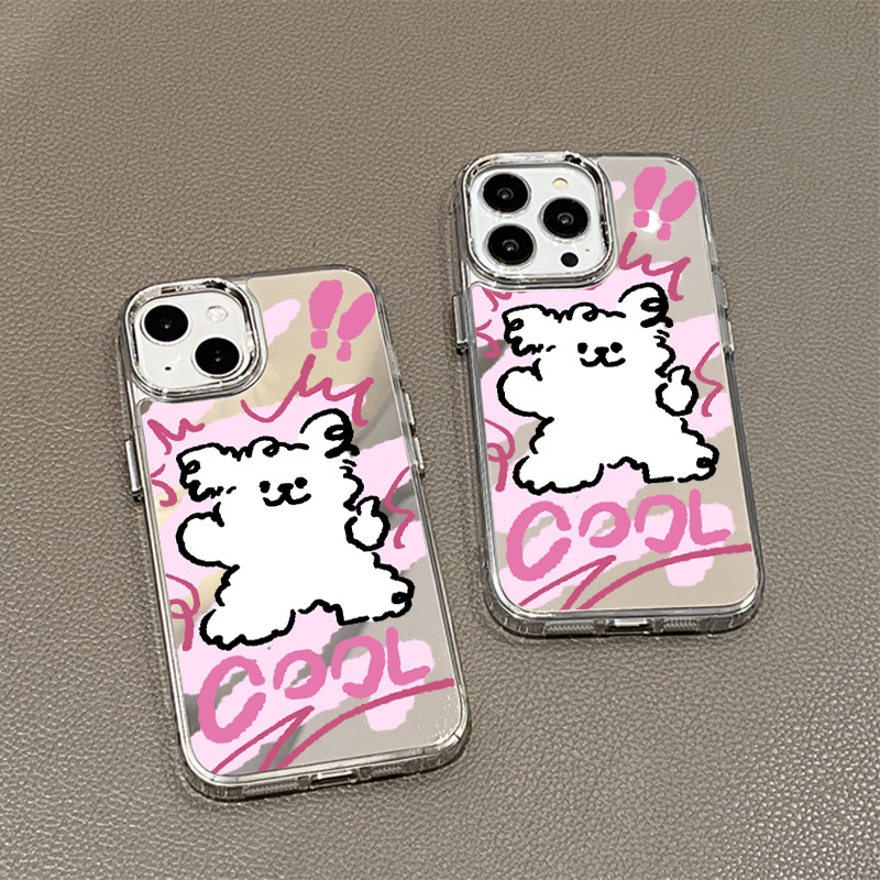 IPHONE Kartun Anjing Lucu Cermin Ponsel Case Kompatibel Untuk Iphone11 12 13 14 12Pro 13Pro 14Pro Pro Max XR X XS Max Electroplating Tombol Perlindungan Mirror Cover