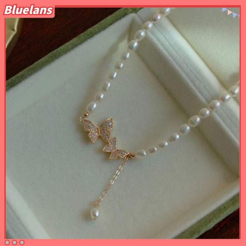 [BLS] Fashion Mutiara Kalung Cahaya Mewah Berlian Minor Kupu-Kupu Pendek Choker Klavikula Rantai