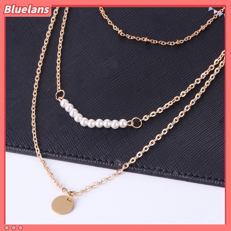 [BLS] Kalung Mutiara Tiga Lapis Payet pin Pendek Aksesoris Rantai Tulang