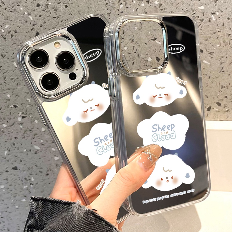 IPHONE Casing Ponsel Cermin Awan Domba Lucu Kompatibel Untuk Iphone11 12 13 14 12Pro 13Pro 14Pro Pro Max XR X XS Max Electroplating Tombol Perlindungan Mirror Cover