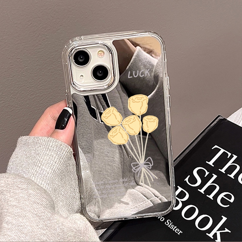 IPHONE Lucky Yellow Rose Mirror Phone Case Kompatibel Untuk Iphone11 12 13 14 12Pro 13Pro 14Pro Pro Max XR X XS Max Electroplating Tombol Perlindungan Mirror Cover