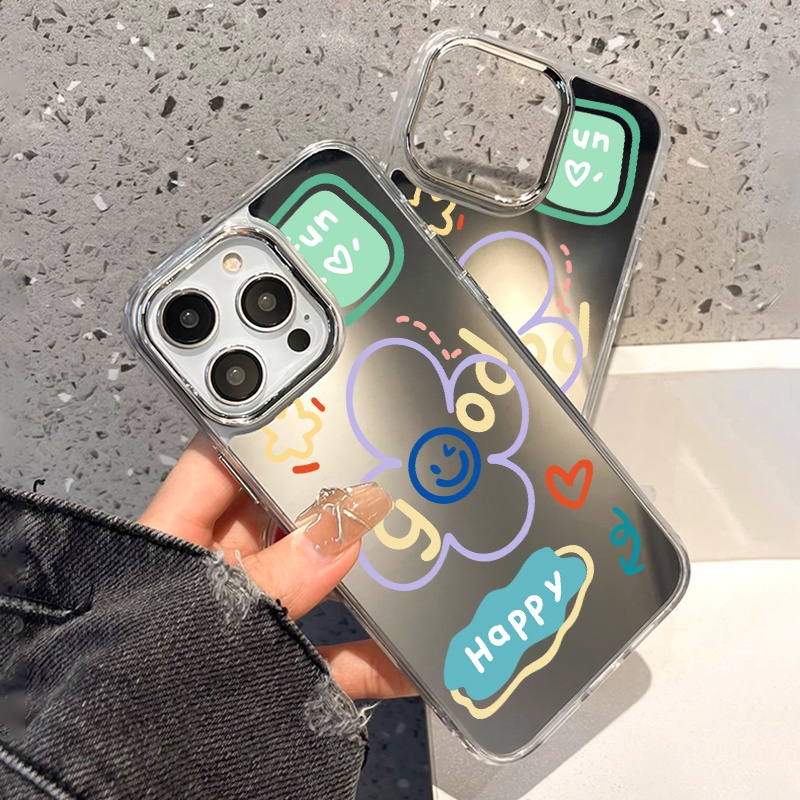 IPHONE Casing Ponsel Cermin Graffiti Kompatibel Untuk Iphone11 12 13 14 12Pro 13Pro 14Pro Pro Max XR X XS Max Electroplating Tombol Perlindungan Mirror Cover