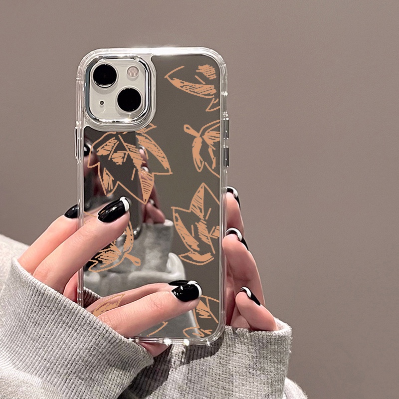 IPHONE Maple Leaves Mirror Phone Case Kompatibel Untuk Iphone11 12 13 14 12Pro 13Pro 14Pro Pro Max XR X XS Max Electroplating Tombol Perlindungan Mirror Cover