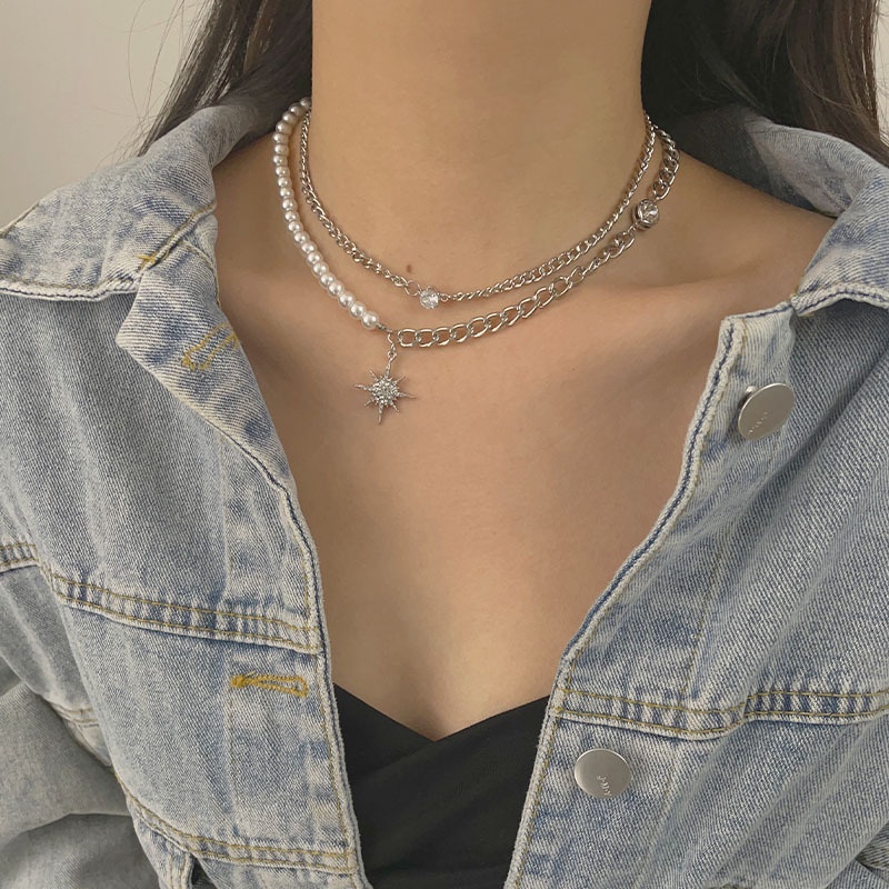 Kalung Mutiara Jahitan Bintang Double Layer Susun Desain Niche Perempuan Merasakan Temperamen All-Match Cla