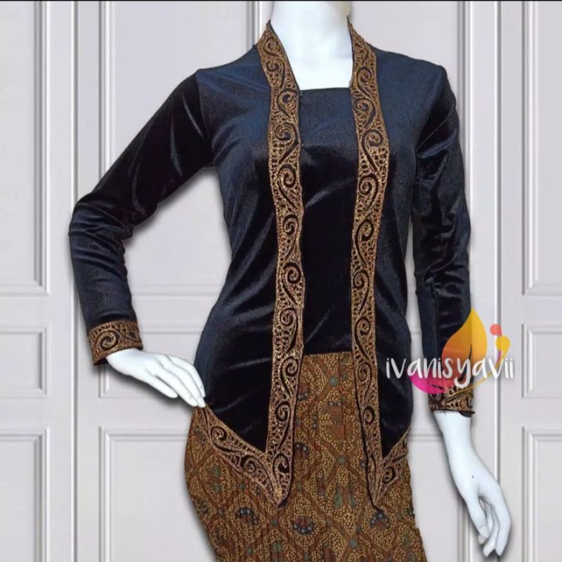 Kebaya dan Sorjan kebaya wanita Kebaya Kutubaru Bordir Cantik / Bahan Bludru - Warna Hitam Lurik