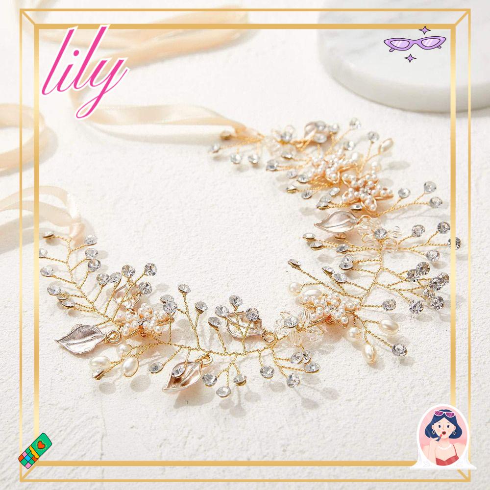 Lily Pearl Hair Vine, Aksesoris Rambut Bando Pengantin Wanita, Perhiasan Tiaras Berlian Imitasi Buatan Handmade Leaf Flower Hair Band Untuk Anak Perempuan