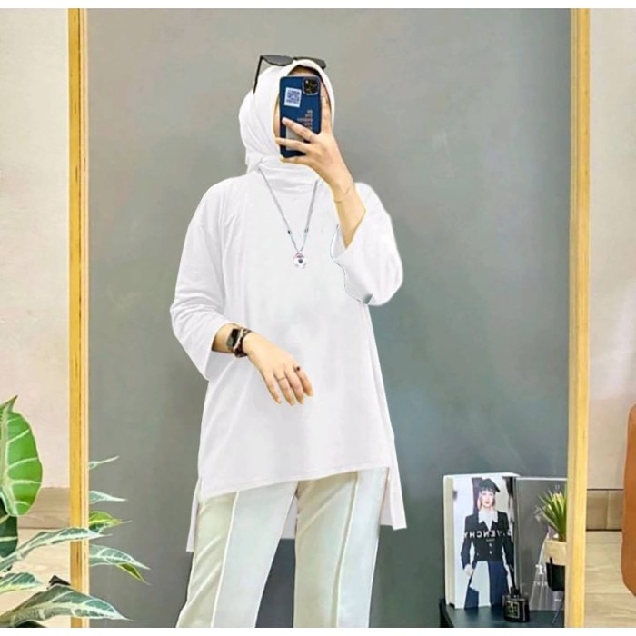 New Trend Promo ORENBEE BAJU TUNIC MUSLIM WANITA DEWASA LENGAN 7/8 JUMBO OVERSIZE - Putih, FIT TO XX