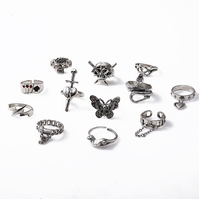 Goth Fashion Berlebihan Tengkorak Pedang Cincin Gaya Punk Ular Kupu-Kupu Katak Hewan Kartu Poker Rings Set Perhiasan Hadiah Pesta