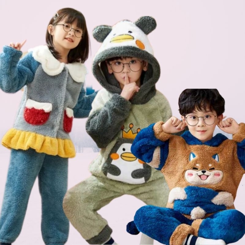 BAJU SET SETELAN PIYAMA BAJU TIDUR HOODY BULU BLUDRU COUPLE ANAK PP IMPORT CEWEK COWOK LAKI LAKI PER