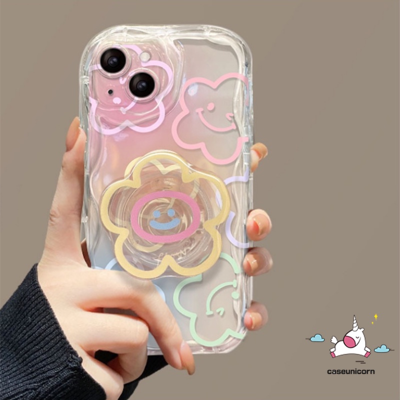 Untuk Realme C53 C35 C55 C11 C21Y C33 C25Y C30 C25 9i 5s 5i 7i 6i C20 C25s C12 C31 C17 C15 C21 C3 C1 Lucu Colorful Smile Flower Stand Bracket Kartun Lembut 3D Bergelombang Curved Edge Case