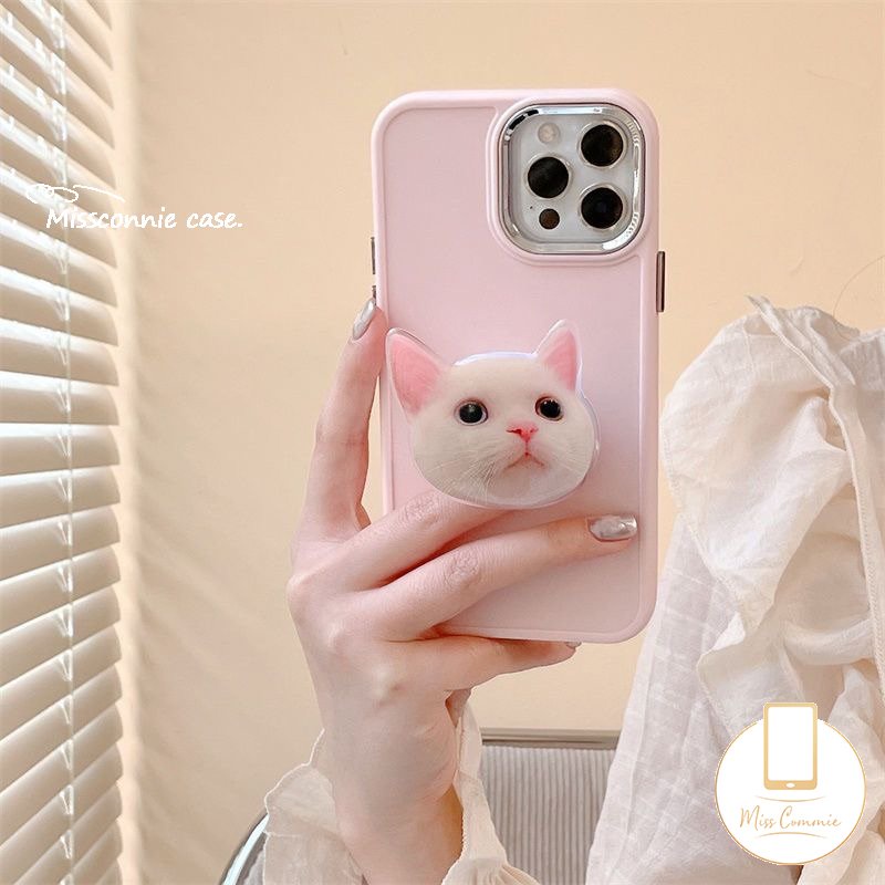 Casing Warna Solid Simple Plating Mewah Kompatibel Untuk IPhone 7plus X XR 11 14 13 12 Pro MAX 7 8 Plus XS MAX Frame Lensa Metal Soft Cover Dengan Braket Kucing Kitty Lucu