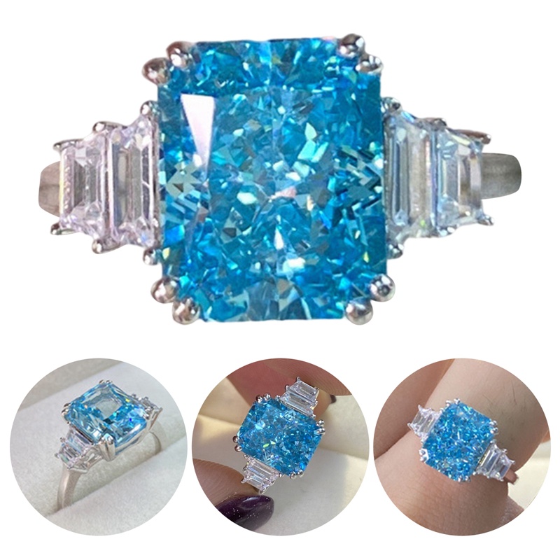 Trendy Aquamarine Warna Perak Cincin Untuk Wanita Kawin Tunangan Blue Sapphire Ring