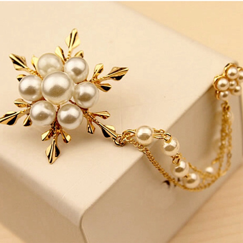 Bros Rumbai Rantai Snowflake Mutiara Elegan Bros Fashion Untuk Wanita Chain Pin Jewelry