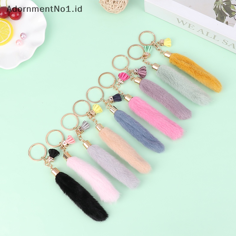 [AdornmentNo1] Fashion lembut mewah ekor gantungan kunci wanita tas aksesori Faux Fur panjang Pom Pom Keyrings dengan rumbai liontin untuk hadiah pacar