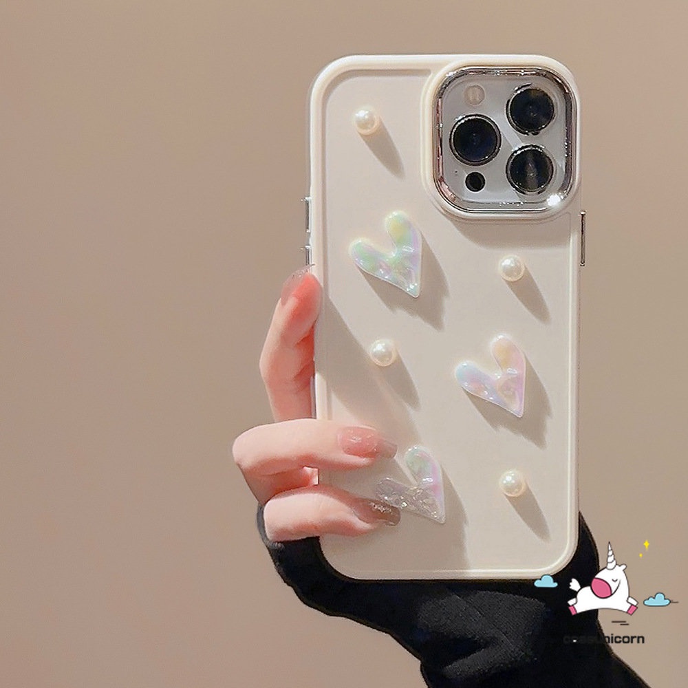 Luxury Romantic 3D Pearl Love Heart Electroplate Case Compatible for IPhone 7plus 8plus XR X 11 13 14 12 Pro Max 7 8 14 Plus XS MAX Shockproof Simple Solid Color Plating Soft Case