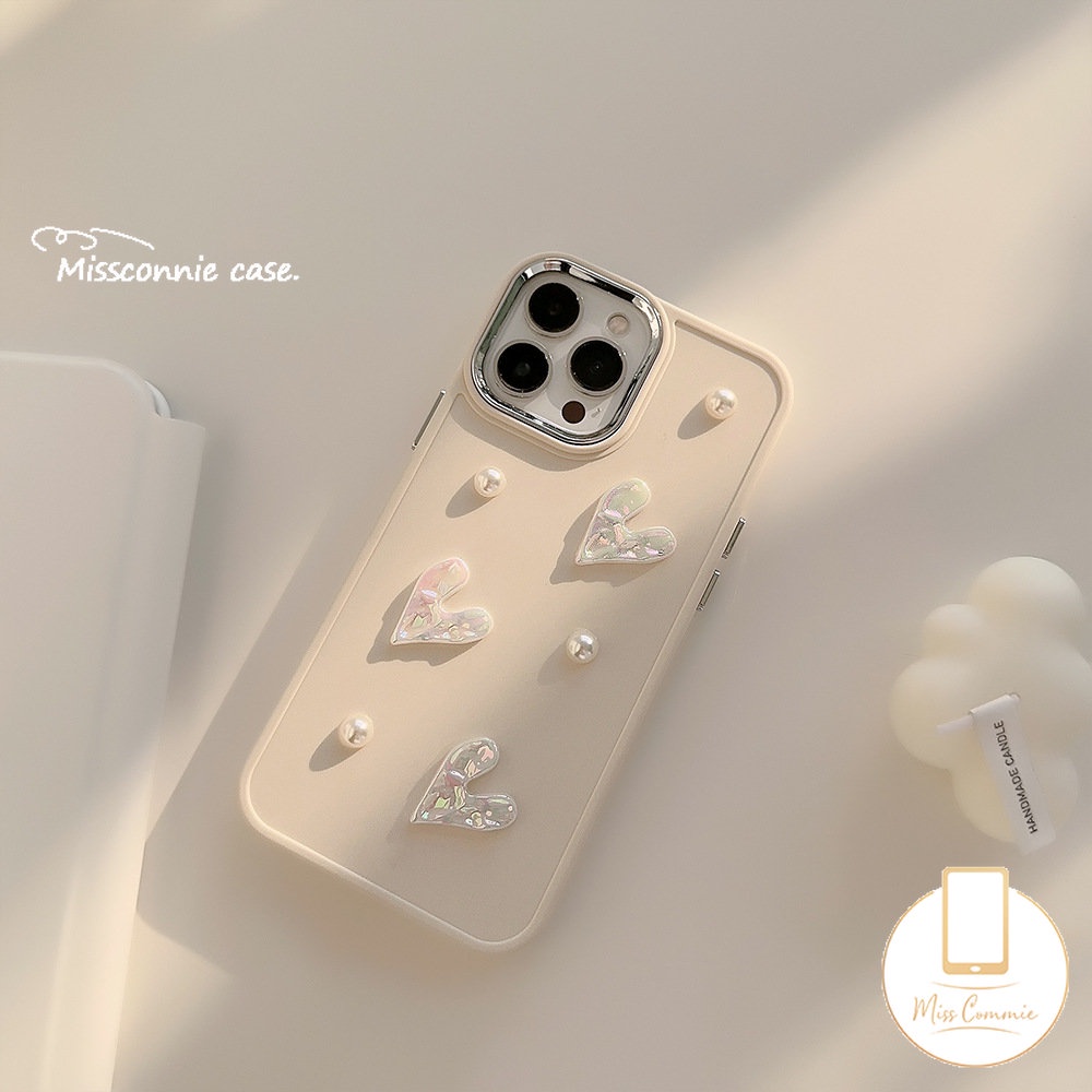 Simple Solid Color Case Compatible for IPhone 11 14 13 12 Pro Max 7plus X XR 7 8 Plus XS MAX Luxury Plating Metal Lens Frame Cover with 3D Cream White Pearl Love Heart Accessories