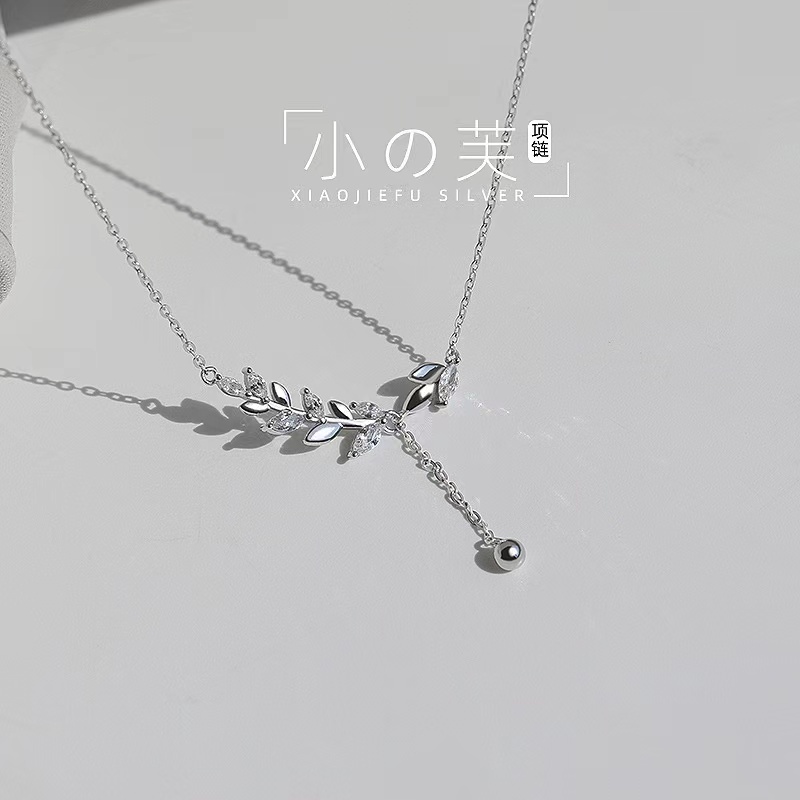 925 Silver Wheat Necklace Women's High-Grade Crystal Leaf Tassel Clavicle Chain