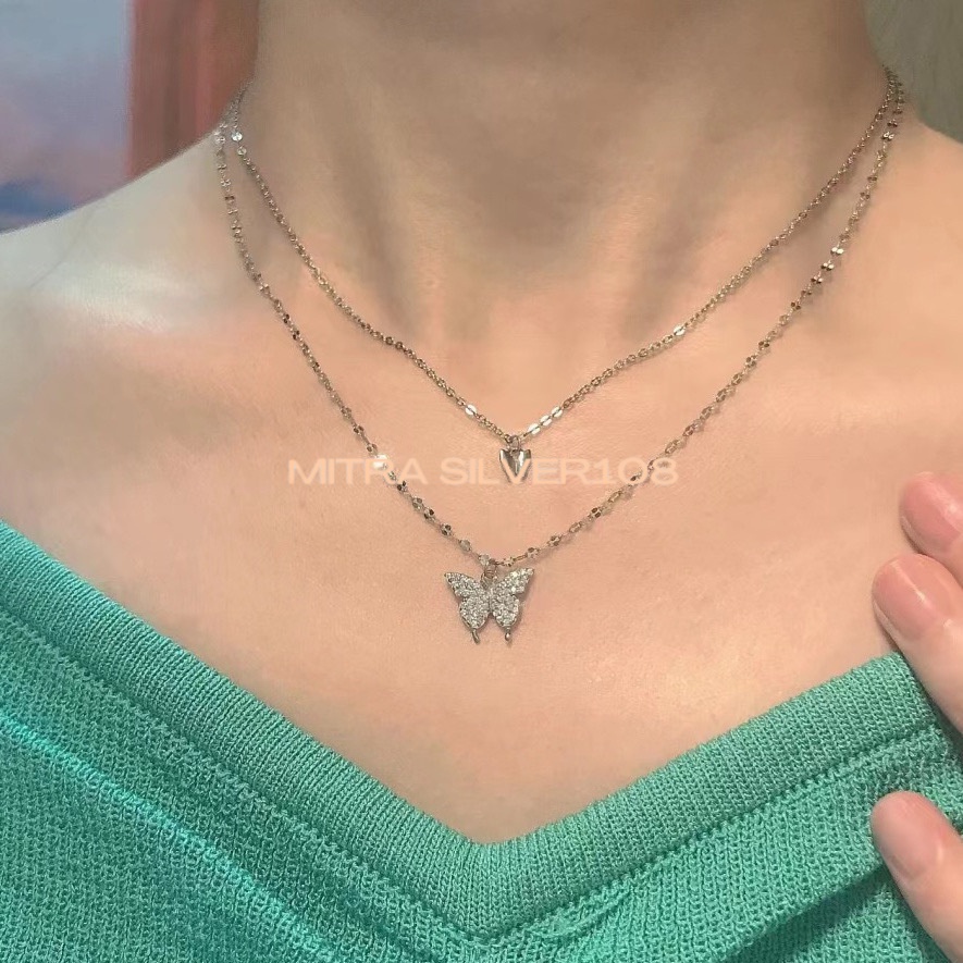 Kalung Kupu Kupu Layer Wanita Fashion Korea Rantai Klavikula Liontin Double Butterfly Necklace Multilayer Warna Silver NL 23