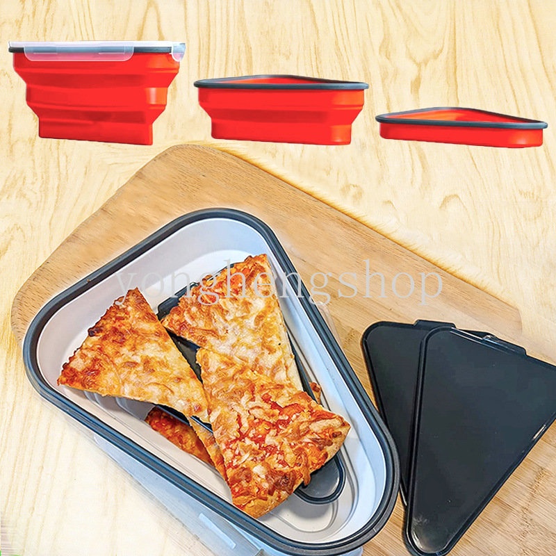 Portable Silicone Reusable Pizza Packing Box Wadah Irisan Pizza Segitiga Dapat Dilipat Dengan 5nampan Saji Microwavable Lunch Bento Box Penyimpanan Makanan Dapur