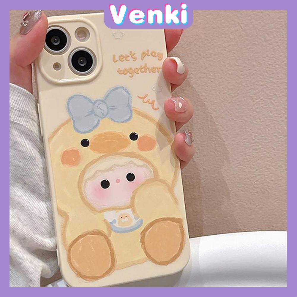 VENKI - Untuk iPhone 11 Case Film TPU Case Cream Glossy Perlindungan Kamera Lucu Grafiti Kuning Bebek Kompatibel dengan iPhone 14 13 Pro Max iPhone 12 Pro Max XR XS 7Plus 8Plus