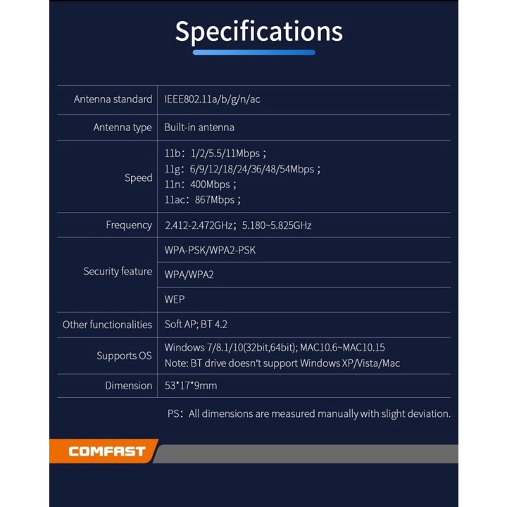 144 COMFAST CF-727B 1300Mbps Dual Band USB Wireless Adapter Bluetooth 4.2