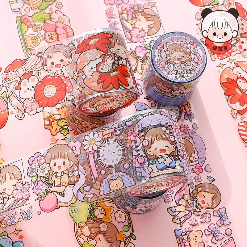 [Gongjin] 1 Roll PET Sticker / Stiker Gulung Tahan Anti Air Motif Kartun Korea Dekorasi Scrapbook DIY Bujo Bullet Journaling Jurnal Jurnaling