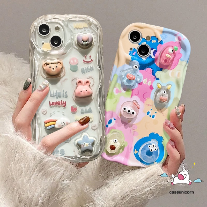 Untuk Infinix Hot 30i 810lite 9smart 66plus 7 5panas11 10 20 8 9 12 30 Play Note 12 G96 12 Kartun DIY 3D Bergelombang Melengkung Tepi Lucu 3D Beruang Kelinci Boneka Monster Bintang Pelangi Lembut Sarung