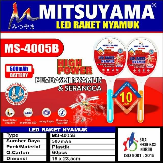 Raket Nyamuk LED Mitsuyama MS 4005B / MS-4005B Alat Pembasmi Nyamuk Rechargeable MS 4005B