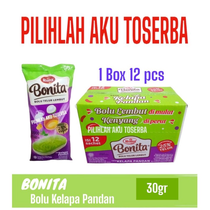 

Roma BONITA Bolu Lembut rasa KELAPA PANDAN - (HARGA 1 BOX isi 12 pcs)