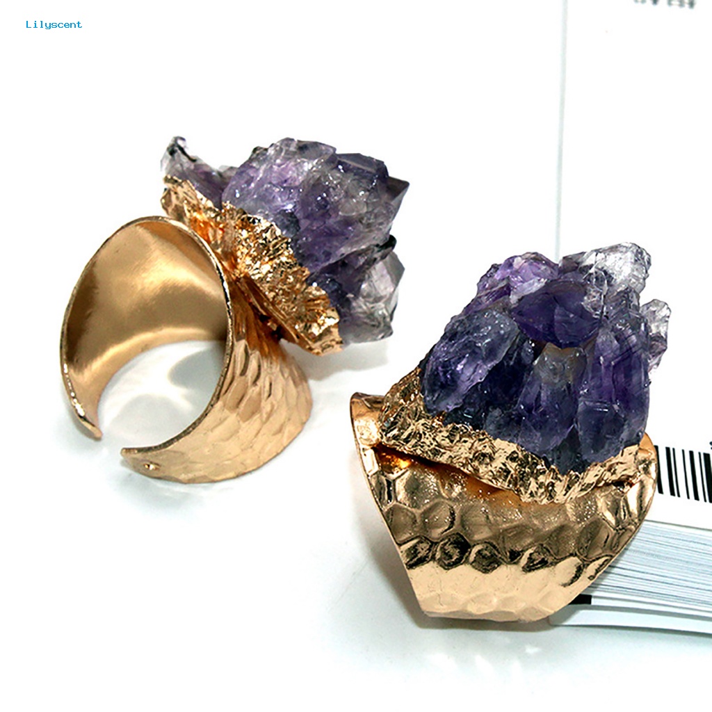 Lilyscent Retro Adjustable Open Band Natural Amethyst Jari Cincin Perhiasan Aksesori Hadiah