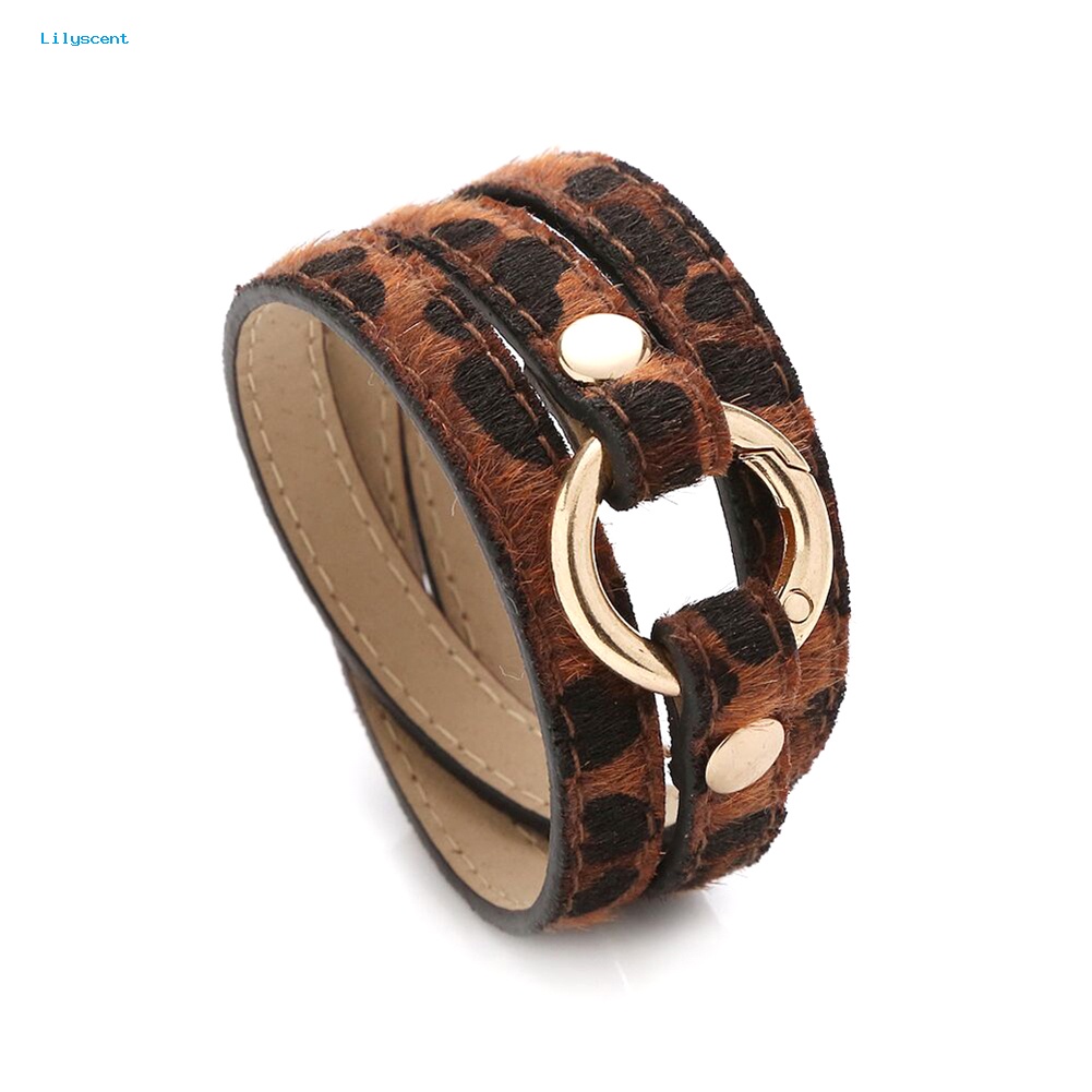 Lilyscent Wanita Multi-layer Berliku Leopard Cincin Panjang Kulit Imitasi Gelang Bangle Perhiasan