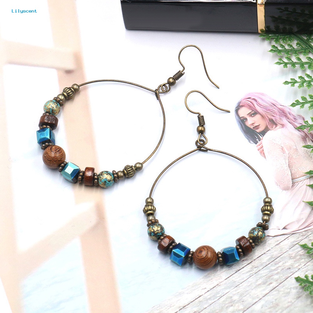 Lilyscent Bohemian Lingkaran Besar Manik-Manik Kayu Kait Anting Wanita Etnik Imitasi Turquoise Perhiasan