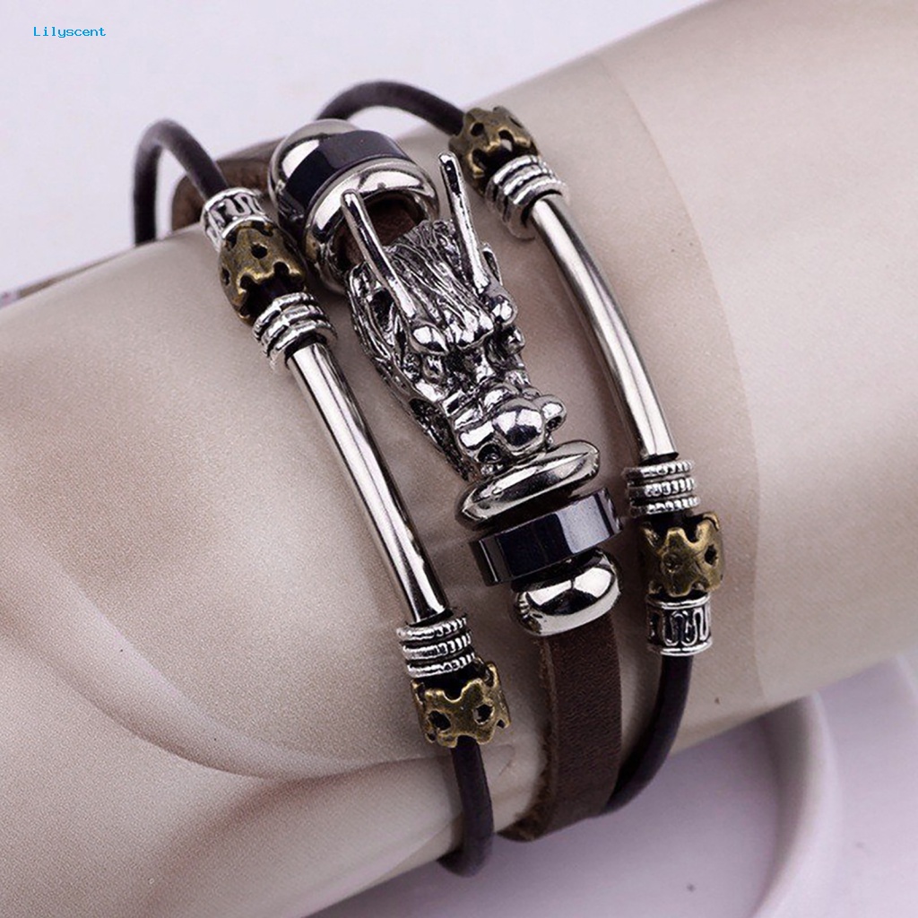 Lilyscent Pria Vintage Punk Gelang Kulit Imitasi Kepala Naga Pesona Multilayer Bangle