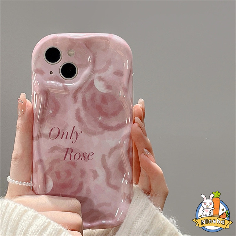 IPHONE Casing Kompatibel Untuk Iphone14 13 12 11 Pro Max X Xr Xs Max8 7 6 6s Plus SE 2020 Ins Pink Lukisan Minyak Rose Phone Case Shockproof Silikon Halus Bergelombang Soft Case Cover Pelindung