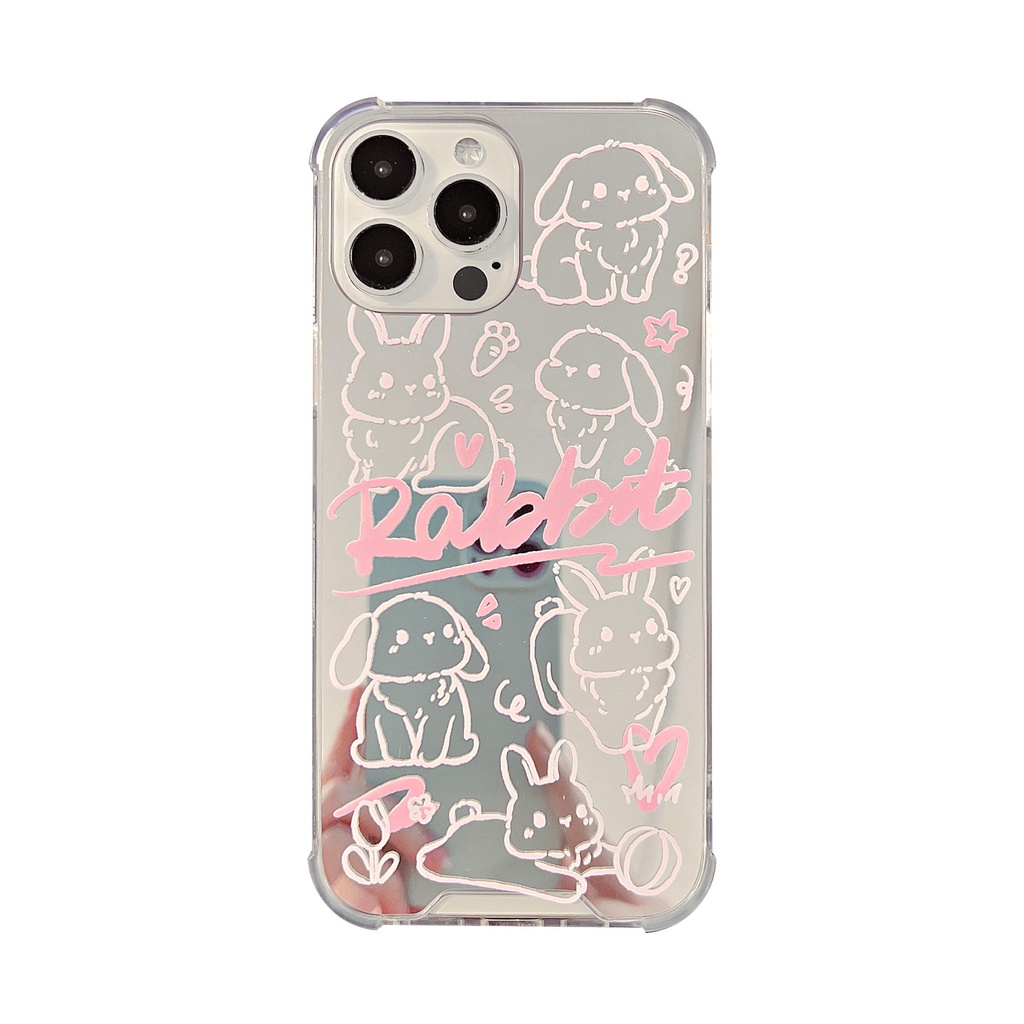 Ins Lucu Graffiti Kelinci Kartun Make Up Cermin Silikon Case Untuk Iphone SE 2020 7 /8 Plus 14x XR XM 11 12 MINI 13 PRO MAX Casing Cover Pelindung AT0116