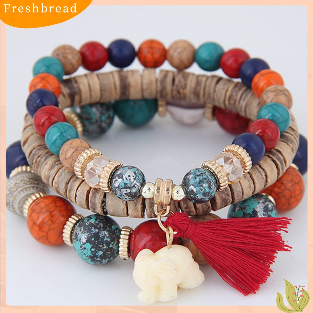 &lt; Freshbread &gt; 3Pcs/Set Bohemian Wanita Gajah Rumbai Pesona Ceko Batu Manik-Manik Gelang Hadiah