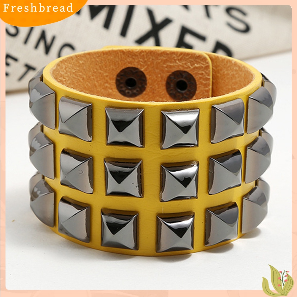 &lt; Freshbread &gt; Punk Pria Wanita Club Square Rivet Studded Wide Cuff Faux Leather Bangle Bracelet