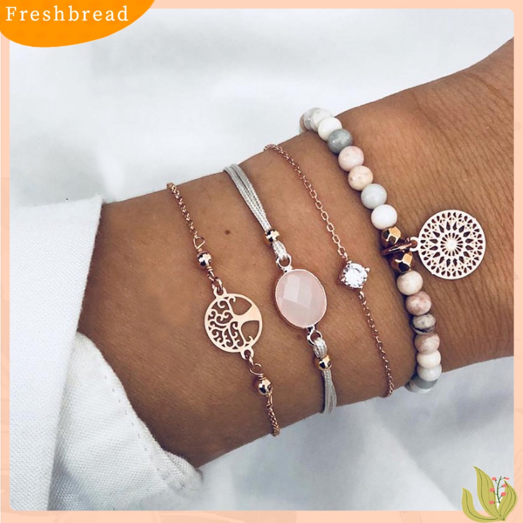 &lt; Freshbread &gt; 4Pcs/Set Wanita Gelang Kit Geometris Berlian Imitasi Bertatahkan Disc Pohon Kehidupan Manik-Manik Dekoratif Hadiah Wanita Pesona Gelang Set Perhiasan Boho Aksesori Busana