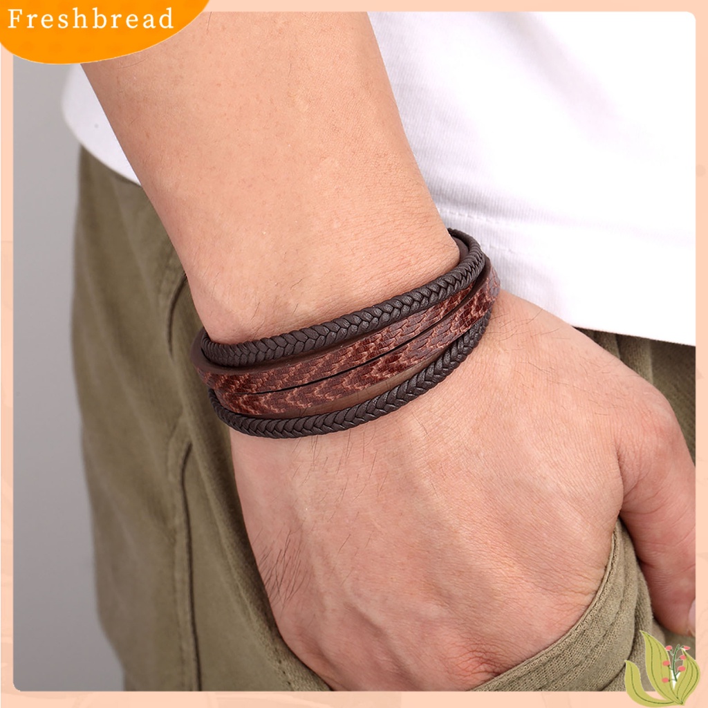 &lt; Freshbread &gt; Pria Gelang Vintage ic Gesper Anyaman Buatan Tangan Geometris Hias Hadiah Multilayer Bungkus Perhiasan Bangle Pria Kulit Imitasi Untuk Kehidupan Sehari-Hari