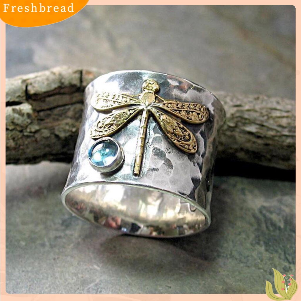 &lt; Freshbread &gt; Wanita Cincin Capung Biru Permata Imitasi Vintage Electroplating Animal Finger Ring Untuk Pernikahan