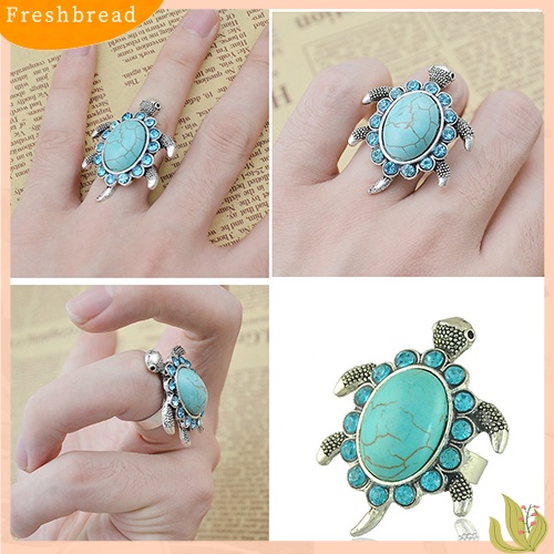 &lt; Freshbread &gt; Fashion Wanita Pirus Pola Kura Biru Berlian Imitasi Bertatahkan Jari Cincin